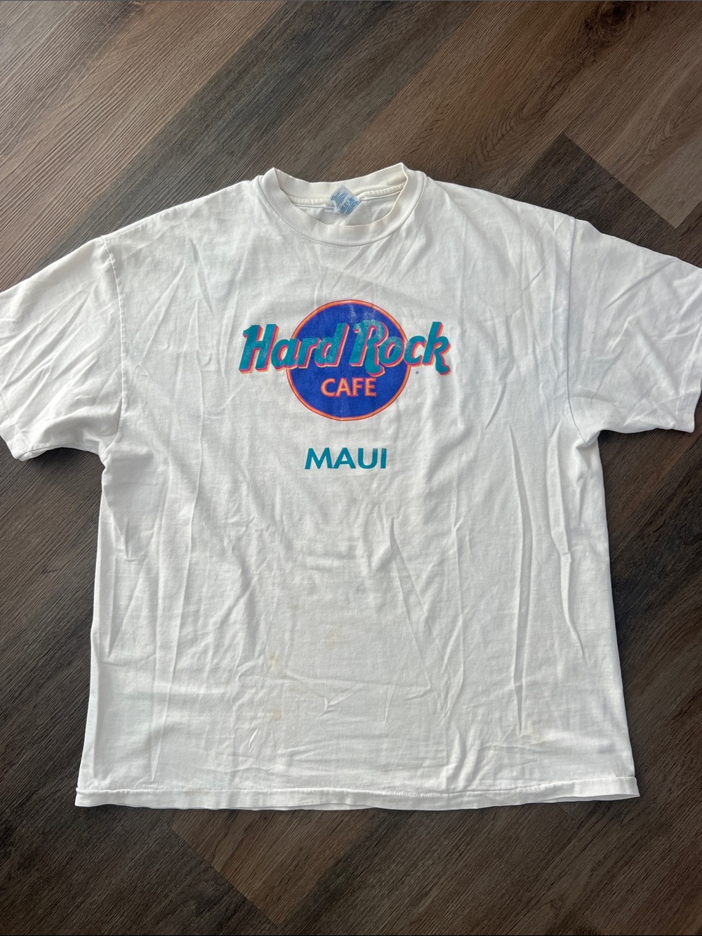 Vintage Hard Rock Cafe White Tee with Blue and Pink Logo - Maui